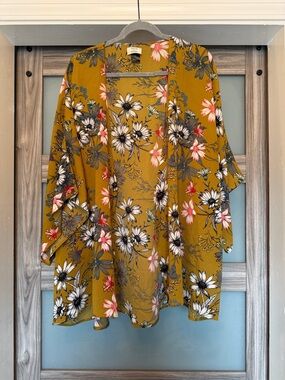 David and Young Mustard Floral Open-Front Tunic